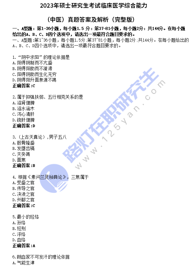 2023年全國碩士研究生考試（中醫綜合）真題及答案解析（完整版）